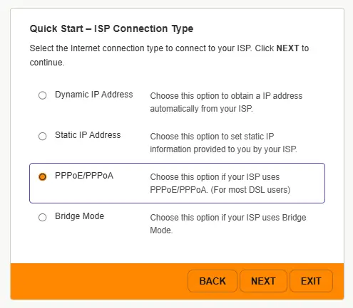 Quick start ISP connection type